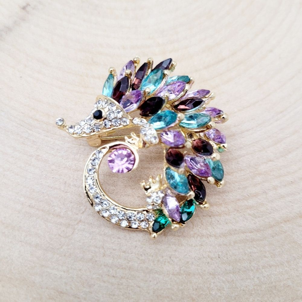 Brand New 2 In 1 Gold Tone Purple Hedgehog Rhinestone Brooch Pin & Pendant